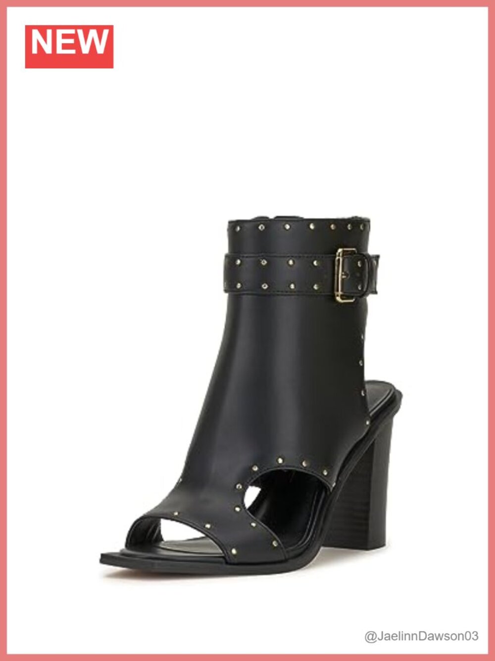 Faux Leather Studded Open Toe Bootie Mid-Calf Stacked Heel Zip